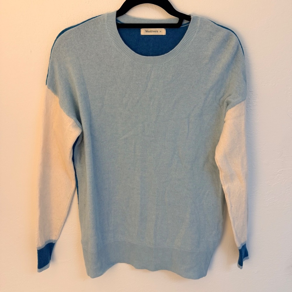 Woolovers Womens M Merino Wool Cashmere‎ Colorblock Sweater Blue Cream Quiet Lux